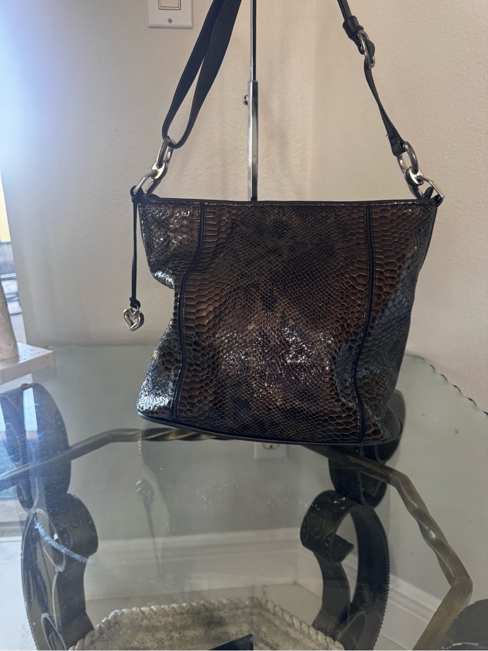 BRIGHTON Snakeskin Embossed Leather Black and Brown Shoulder Bag